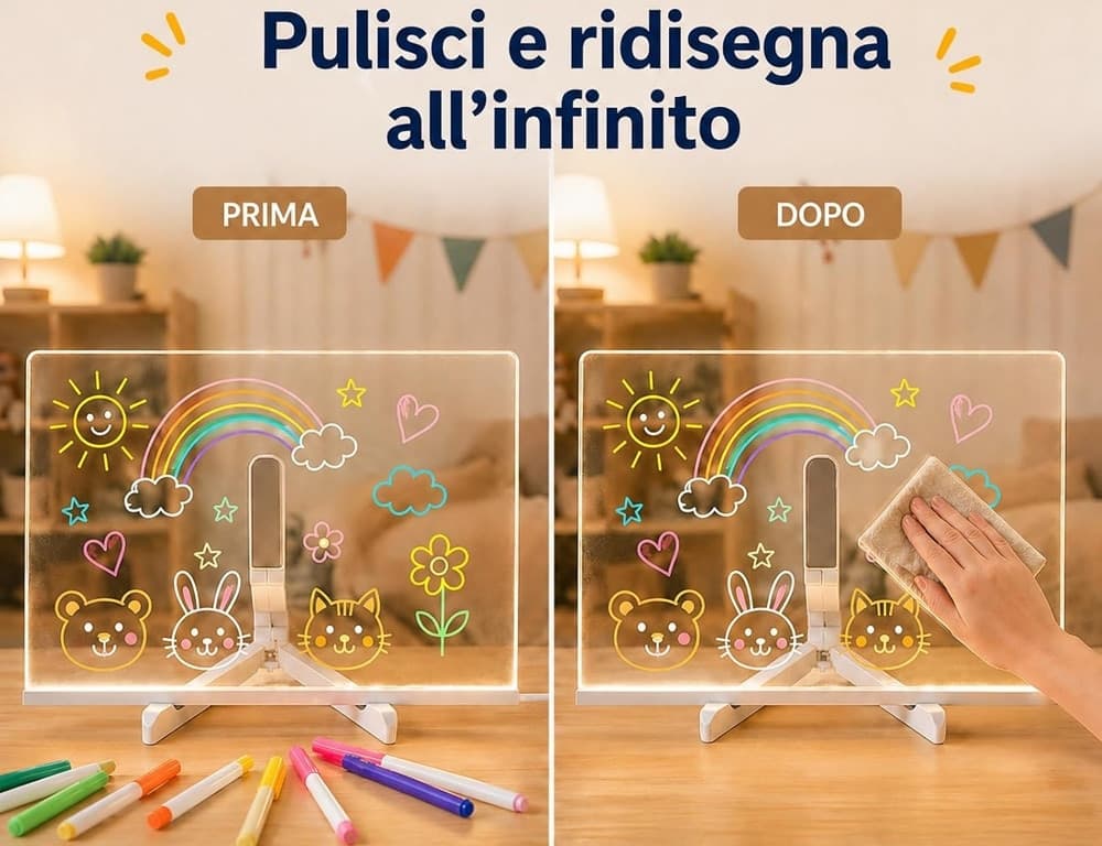 TAVOLA DA DISEGNO LED LAVAGNETTA LUMINOSA BAMBINI CON COLORI SUPPORTO TRASPARENTE REGALO - 5