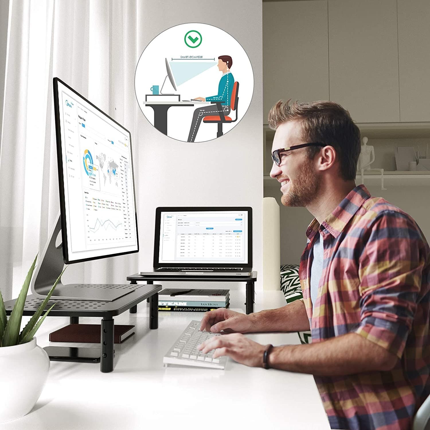 Supporto per Monitor Ergonomico Regolabile con 3 Altezze in Metallo Nero - 17