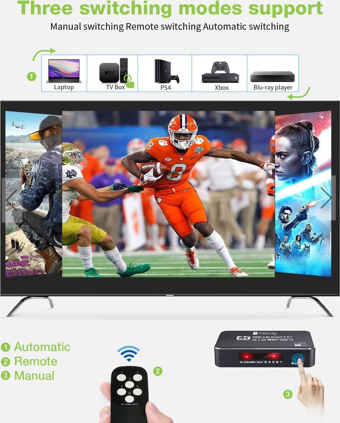 Switch HDMI 2.0b 5in 1out 4K HDR HDCP2.2 con Telecomando - 4