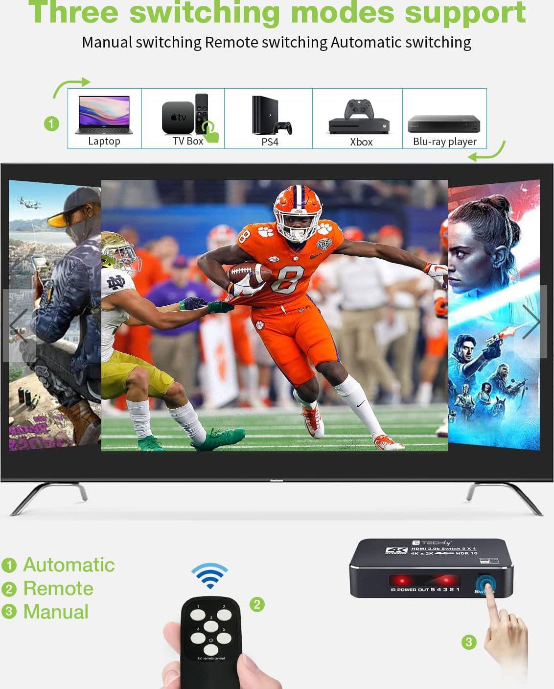 Switch HDMI 2.0b 5in 1out 4K HDR HDCP2.2 con Telecomando - 7