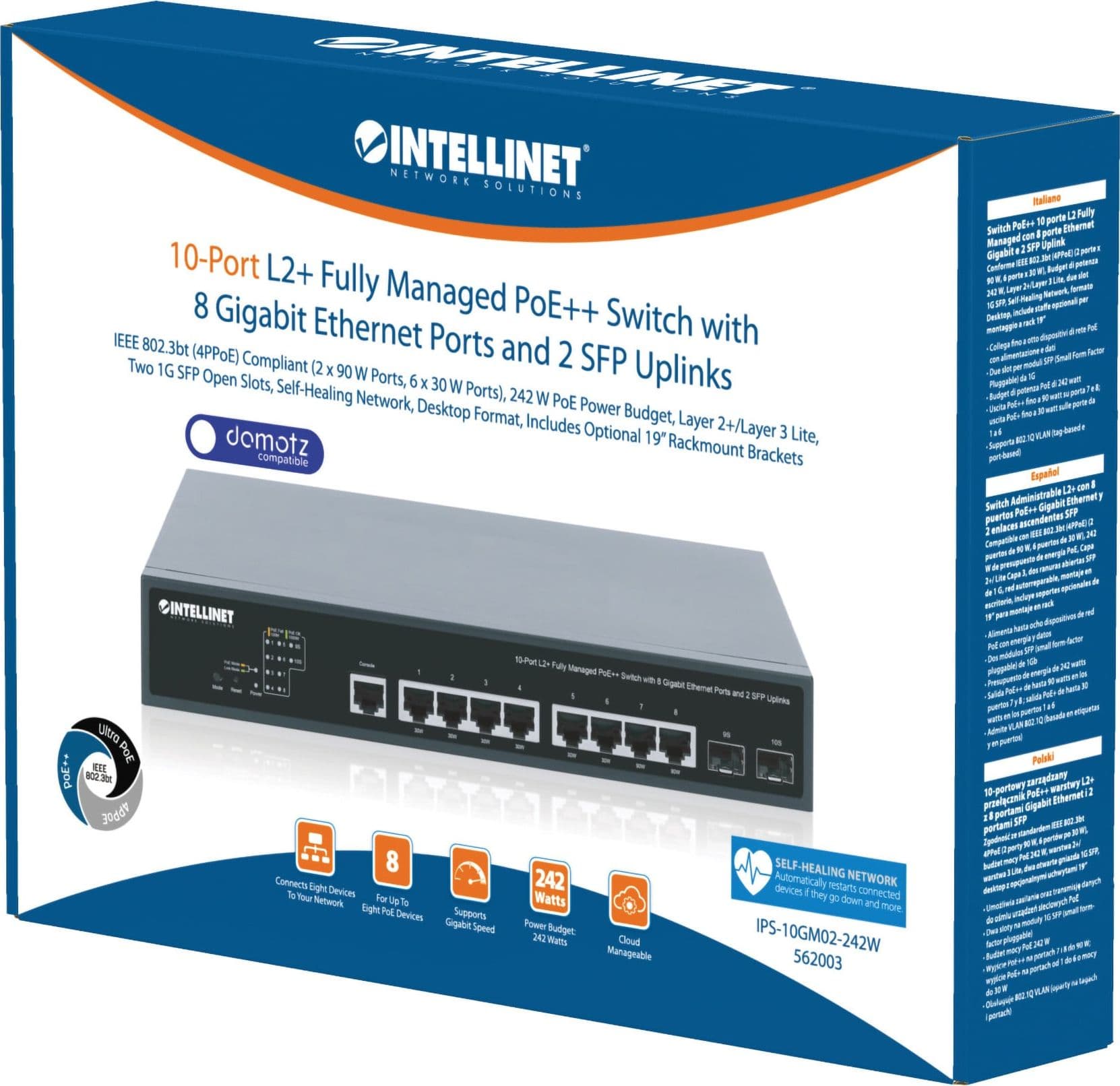 Switch PoE++ 10 porte L2 Fully Managed con 8 porte Ethernet Gigabit e 2 SFP Uplink - 20
