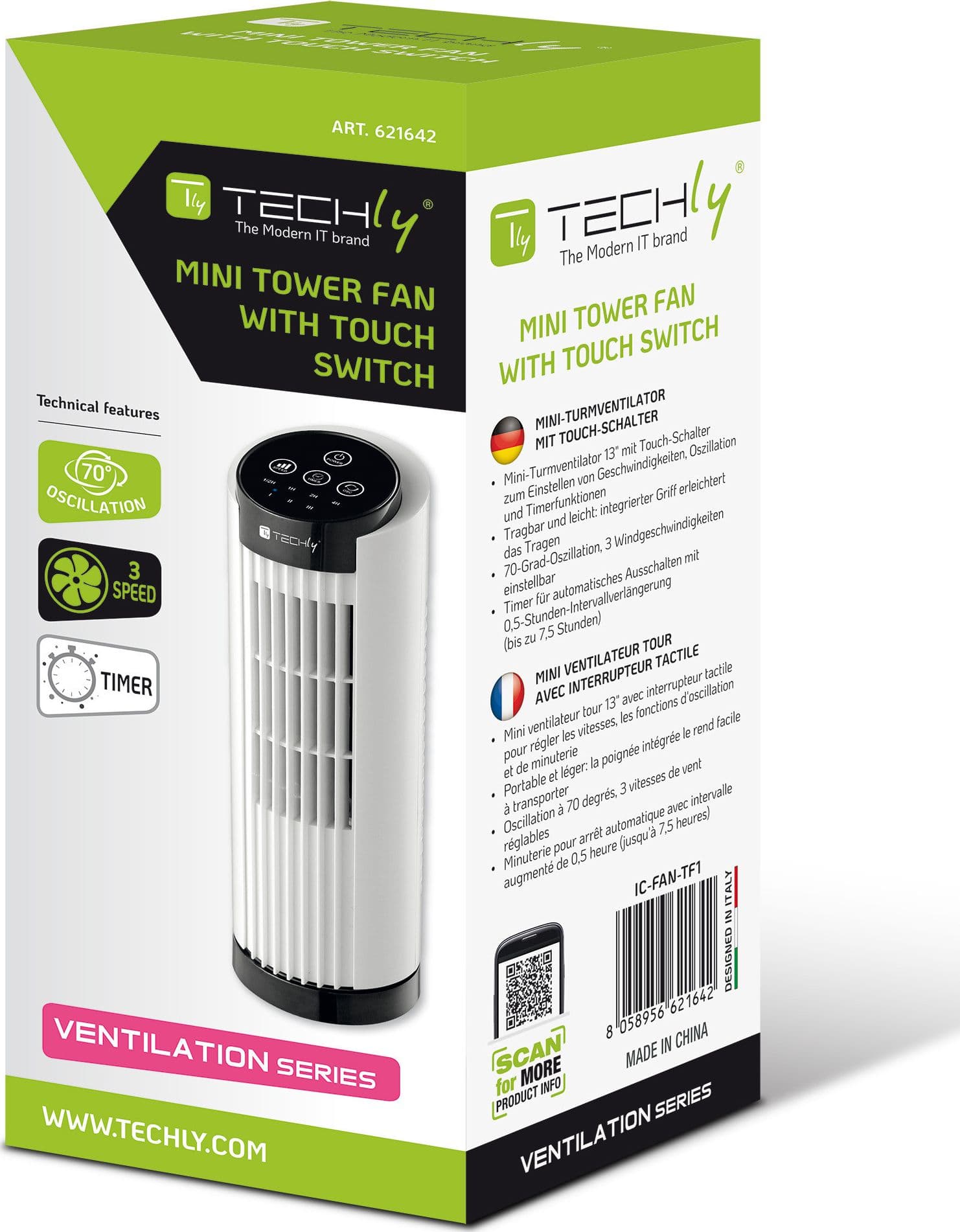 Mini Ventilatore a Torre 13'' 3 Velocit&agrave con Interruttore Touch Oscillazione 70&deg e Timer - 2