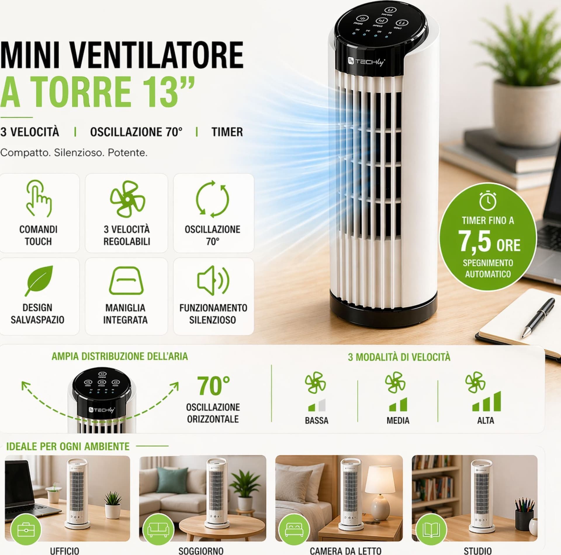 Mini Ventilatore a Torre 13'' 3 Velocit&agrave con Interruttore Touch Oscillazione 70&deg e Timer - 17