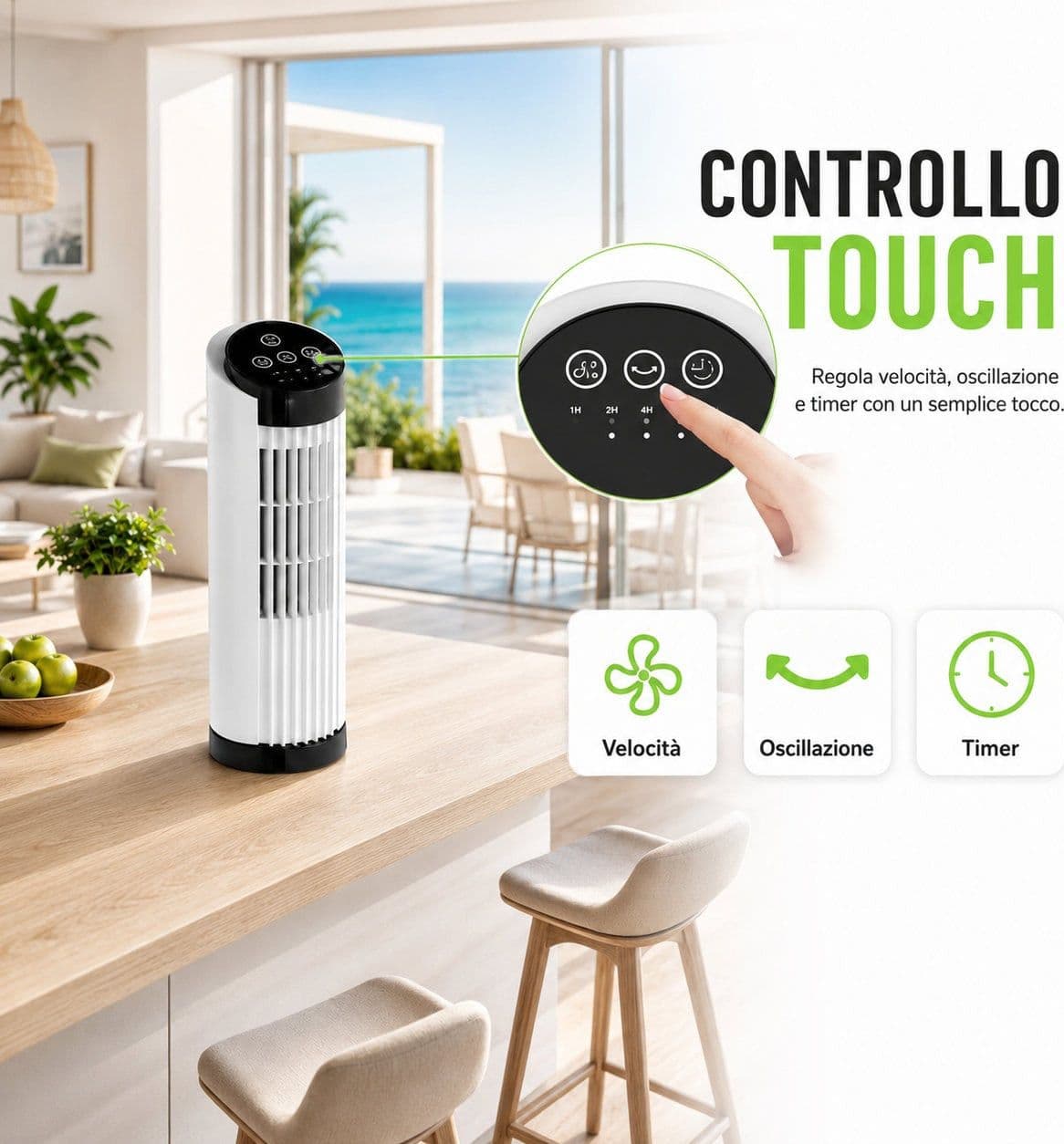 Mini Ventilatore a Torre 13'' 3 Velocit&agrave con Interruttore Touch Oscillazione 70&deg e Timer - 19