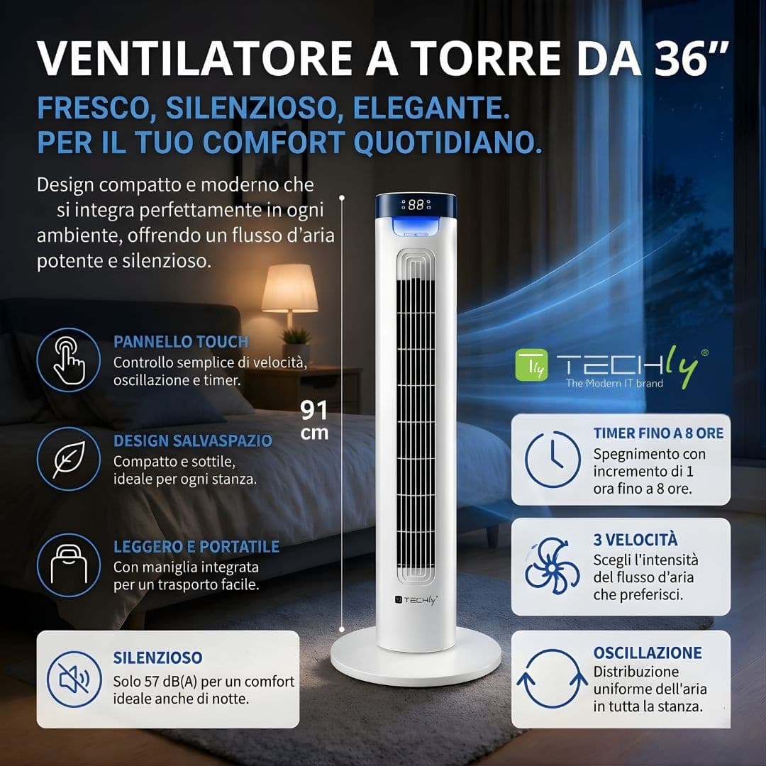 Ventilatore a Torre da Pavimento 36'' 3 Velocit&agrave con Telecomando Oscillazione 75&deg e Timer - 15