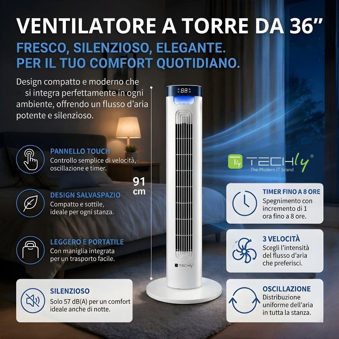 Ventilatore a Torre da Pavimento 36'' 3 Velocit&agrave con Telecomando Oscillazione 75&deg e Timer - 16