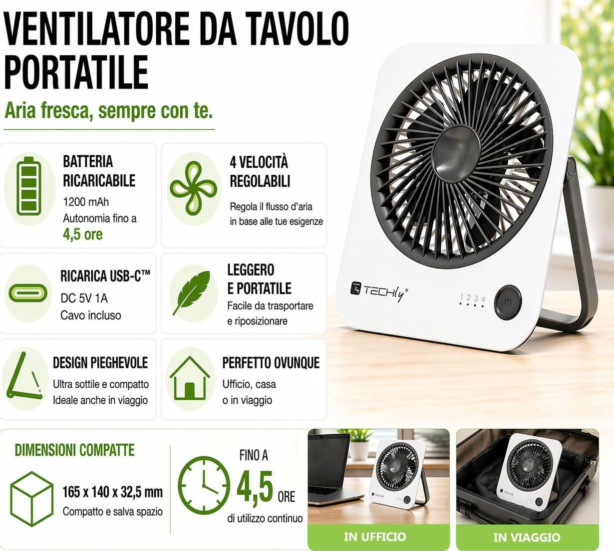Ventilatore da Scrivania Ultra Sottile Pieghevole e Portatile a 4 Velocit&agrave - 17