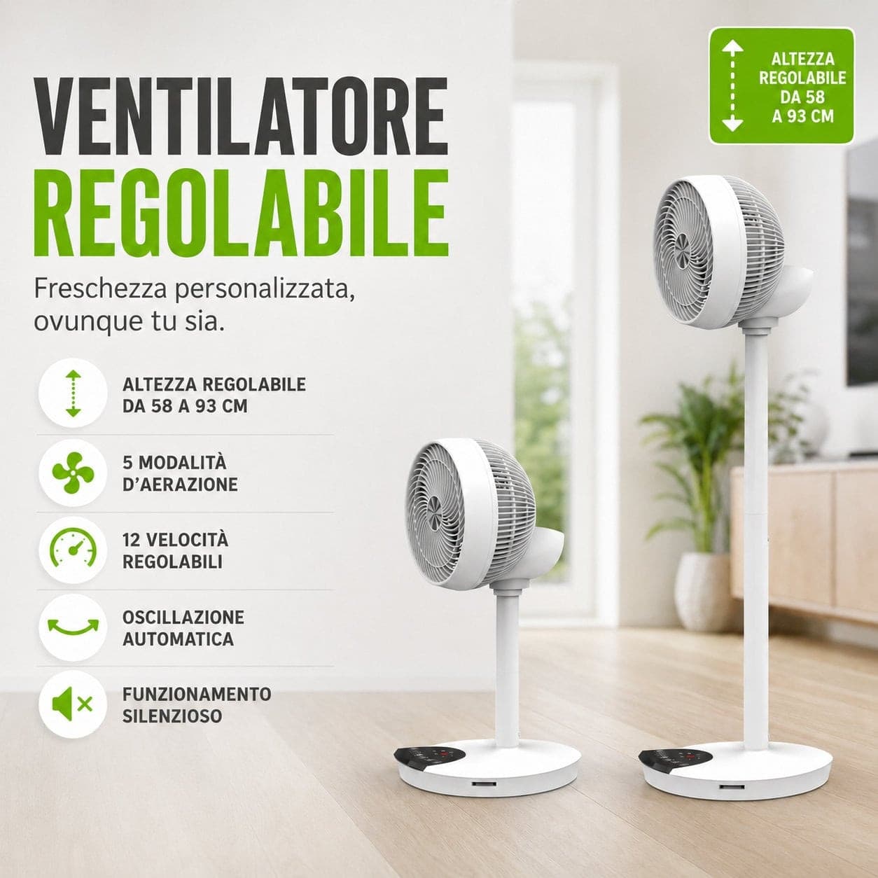 Ventilatore 9'' 2 in 1 con Piantana a 2 Altezze 12 Velocit&agrave con Telecomando Oscillazione a 720&deg e Timer - 11