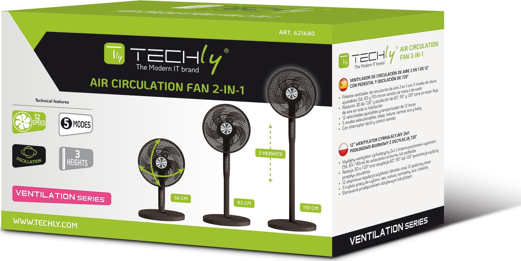 Ventilatore 12'' 2 in 1 con Piantana a 3 Altezze 12 Velocit&agrave con Telecomando Oscillazione a 720&deg e Timer - 2