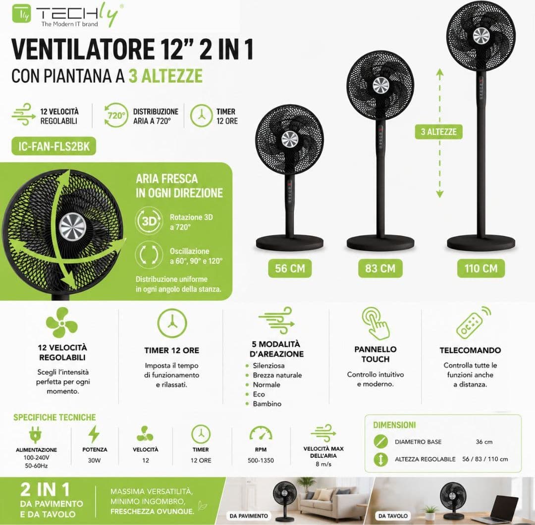 Ventilatore 12'' 2 in 1 con Piantana a 3 Altezze 12 Velocit&agrave con Telecomando Oscillazione a 720&deg e Timer - 12