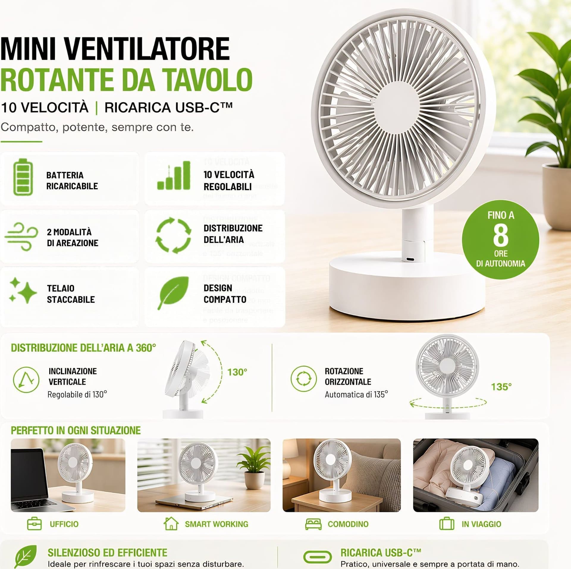 Mini Ventilatore Rotante da Tavolo a 10 Velocit&agrave Ricarica USB - 12