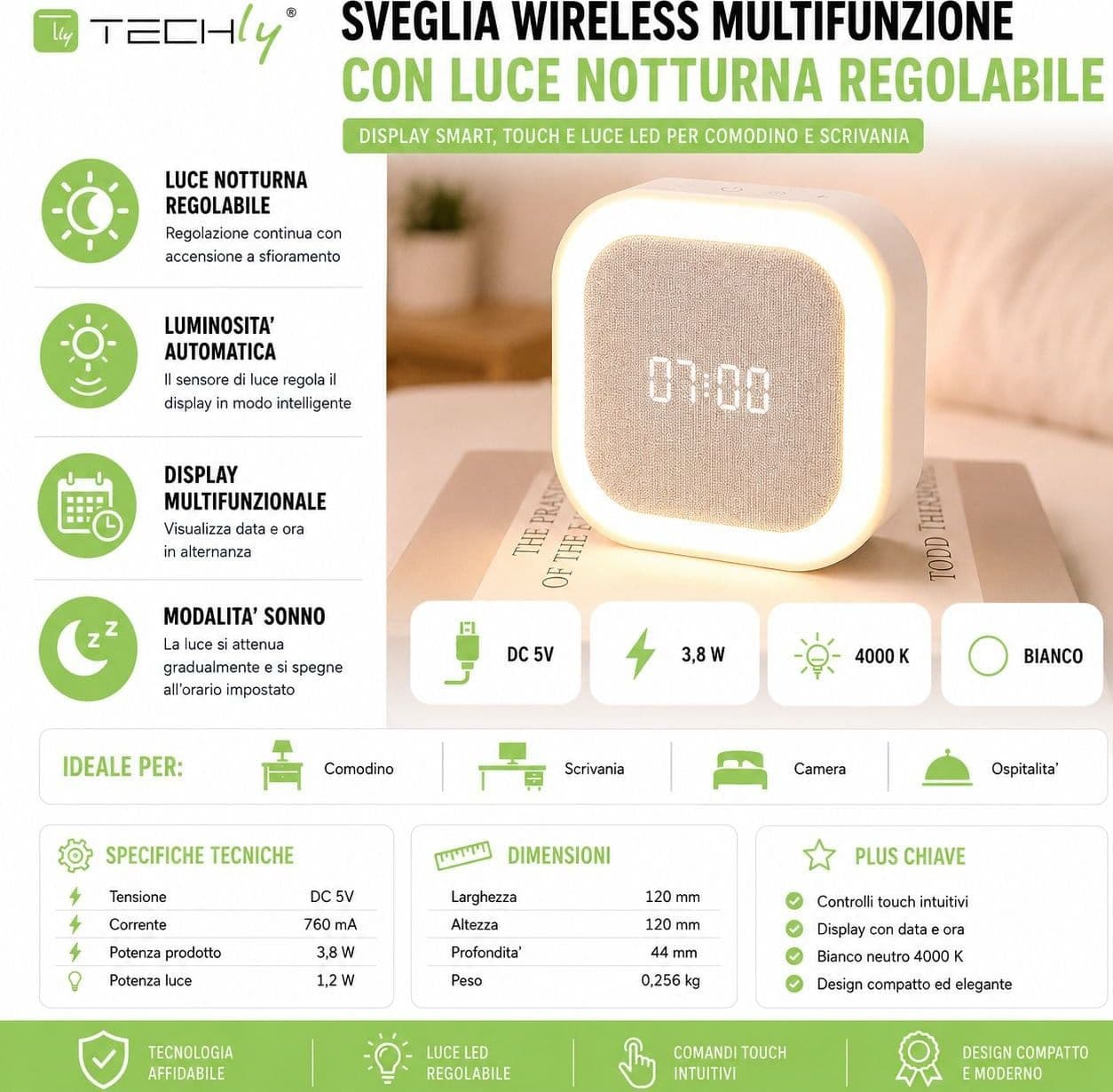 Sveglia Wireless Multifunzione con Luce Notturna Regolabile - 21