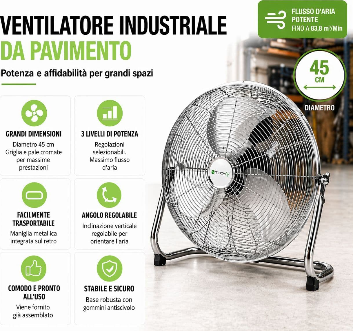 Ventilatore Industriale da Pavimento Diametro 45 cm 3 Livelli di Potenza - 18