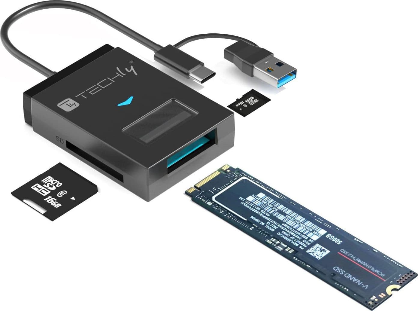Adattatore USB-A/USB-C&trade a NVME/SATA M.2 con Lettore Memorie SD/TF - 11