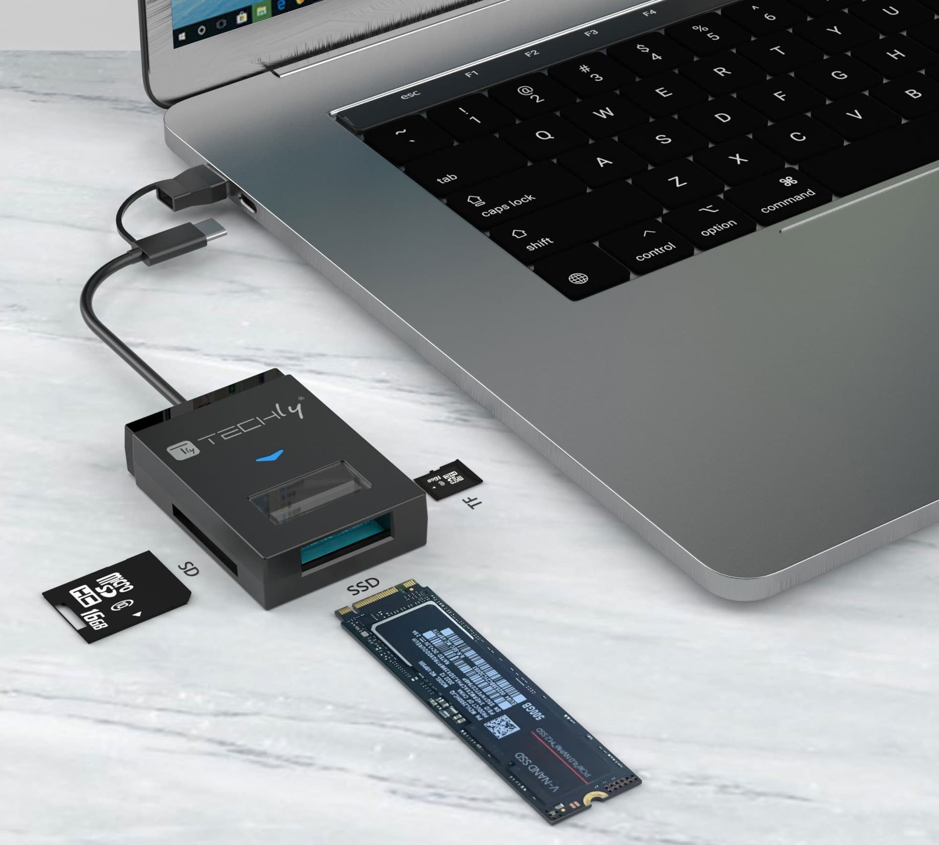 Adattatore USB-A/USB-C&trade a NVME/SATA M.2 con Lettore Memorie SD/TF - 3