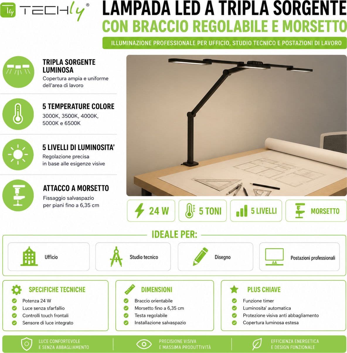 Lampada LED a Tripla Sorgente Luminosa con Braccio Regolabile e Attacco a Morsetto - 15