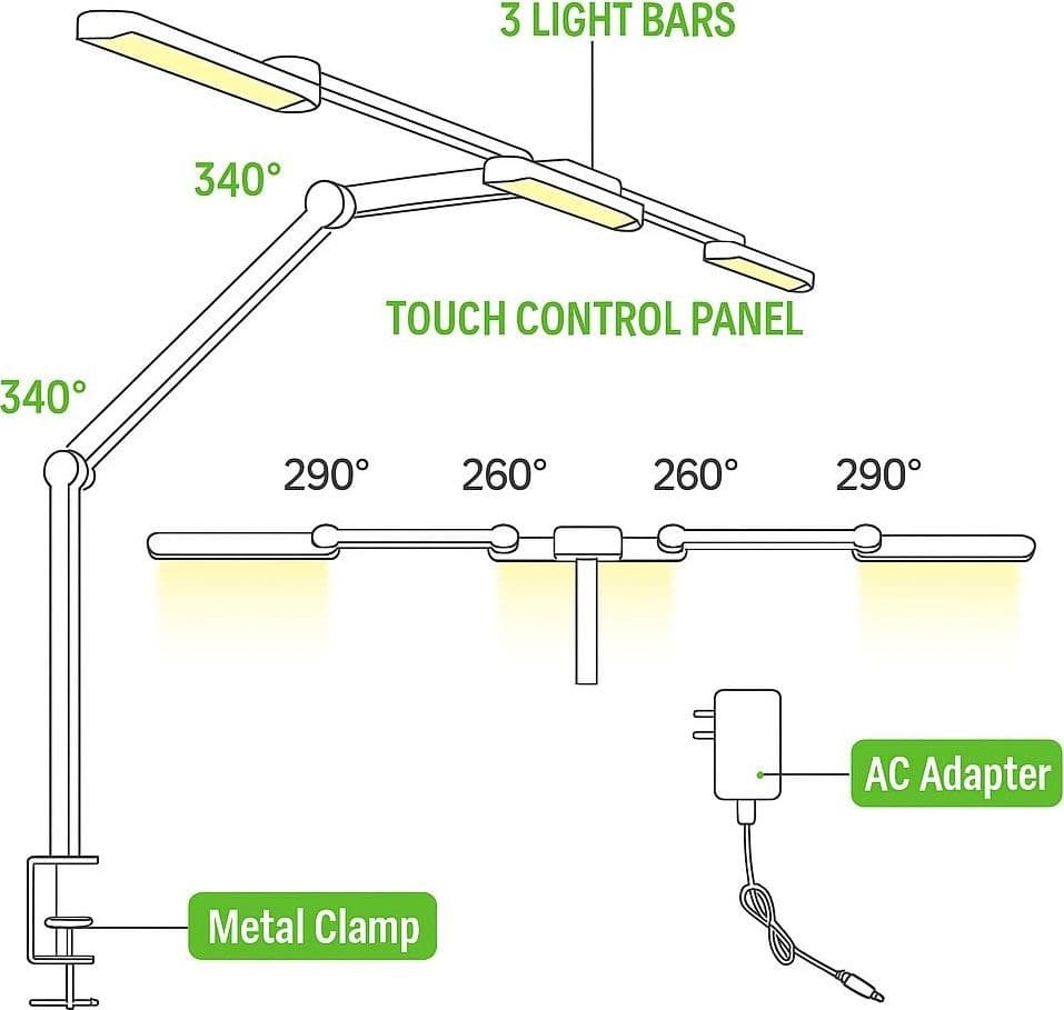 Lampada LED a Tripla Sorgente Luminosa con Braccio Regolabile e Attacco a Morsetto - 5