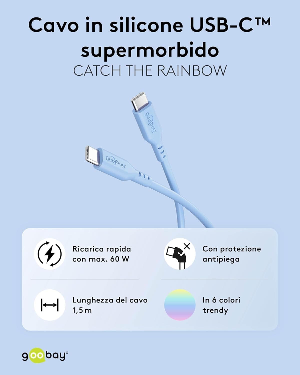 Cavo USB-C&trade Maschio/Maschio USB 2.0 in Silicone 1,5 metri Azzurro - 2