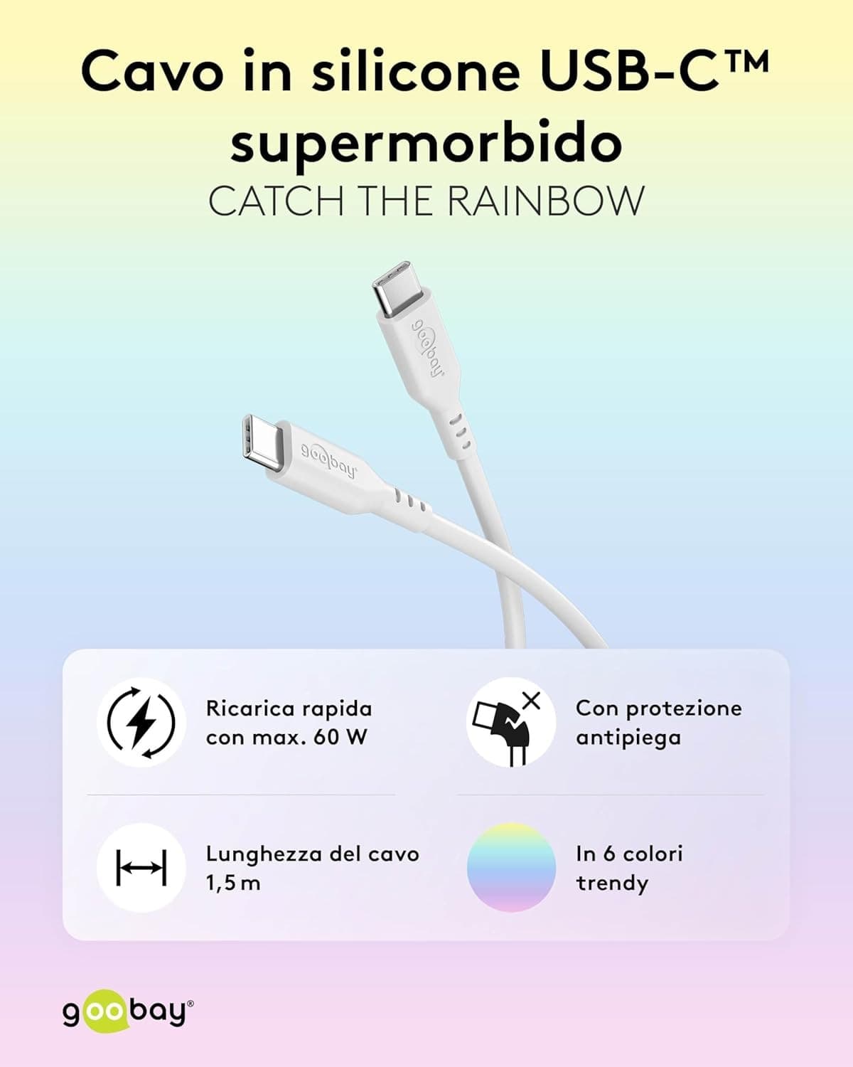Cavo USB-C&trade Maschio/Maschio USB 2.0 in Silicone 1,5 metri Bianco - 2