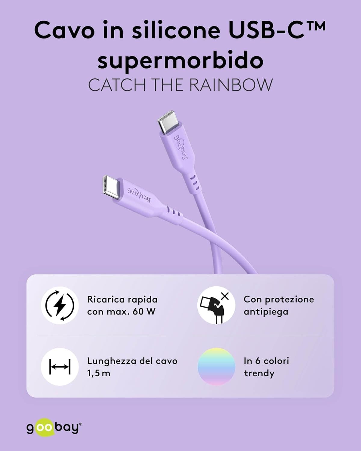 Cavo USB-C&trade Maschio/Maschio USB 2.0 in Silicone 1,5 metri Viola - 2