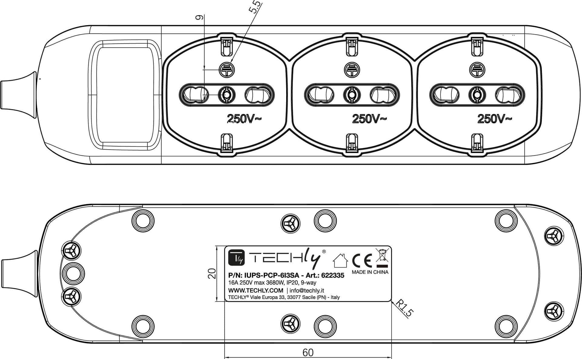 Presa Multipla a 6 Posti 10/16A Bipasso e 3 10/16A Bipasso Schuko con Interruttore - 5