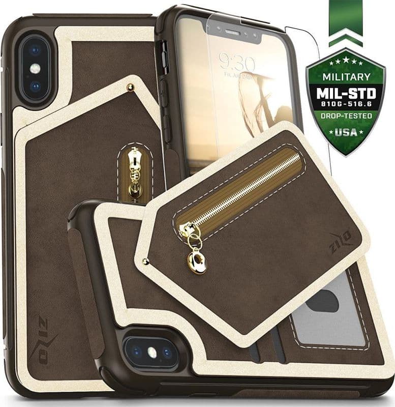 Zizo Nebula Wallet Case - Wallet Back and Zipper Pouch with Tempered Glass Screen Protector for iPhone X (Dark Brown/Brown) - 9