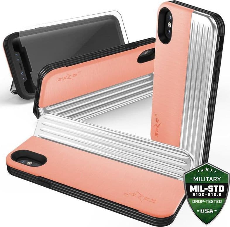 Zizo Retro Series - Wallet Back with Magnetic Closure and Built-In Kickstand for iPhone Xs / X (Peach/Silver)