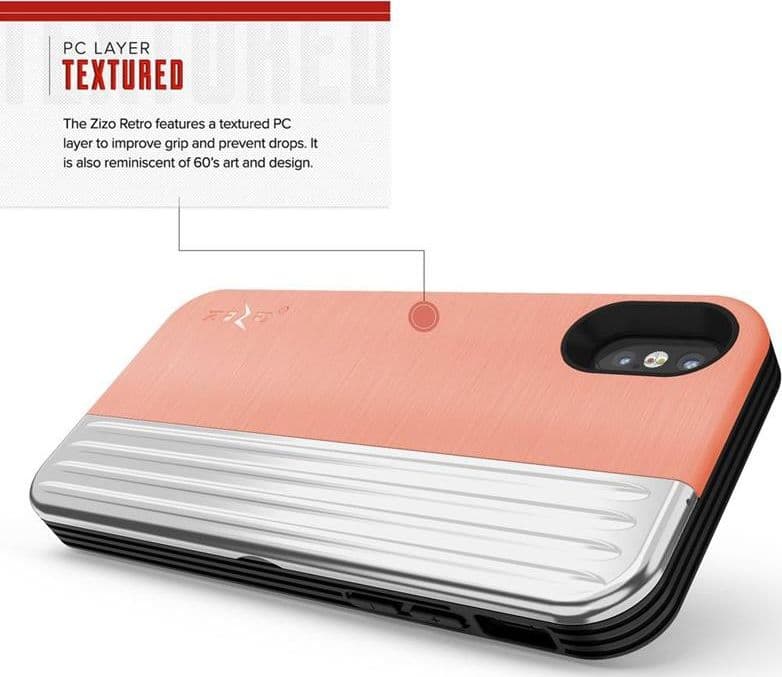 Zizo Retro Series - Wallet Back with Magnetic Closure and Built-In Kickstand for iPhone Xs / X (Peach/Silver) - 7