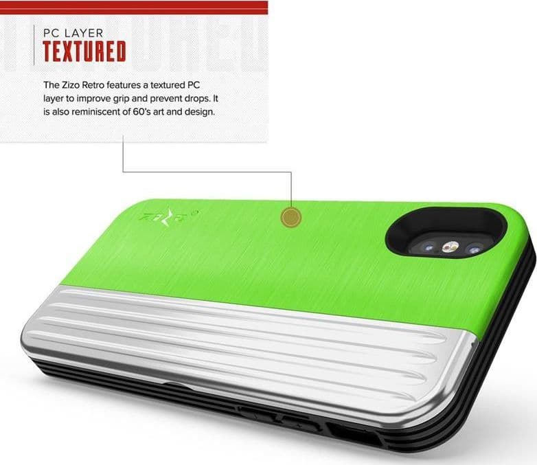 Zizo Retro Series - Wallet Back with Magnetic Closure and Built-In Kickstand for iPhone Xs /X (Neon Green/Silver) - 7