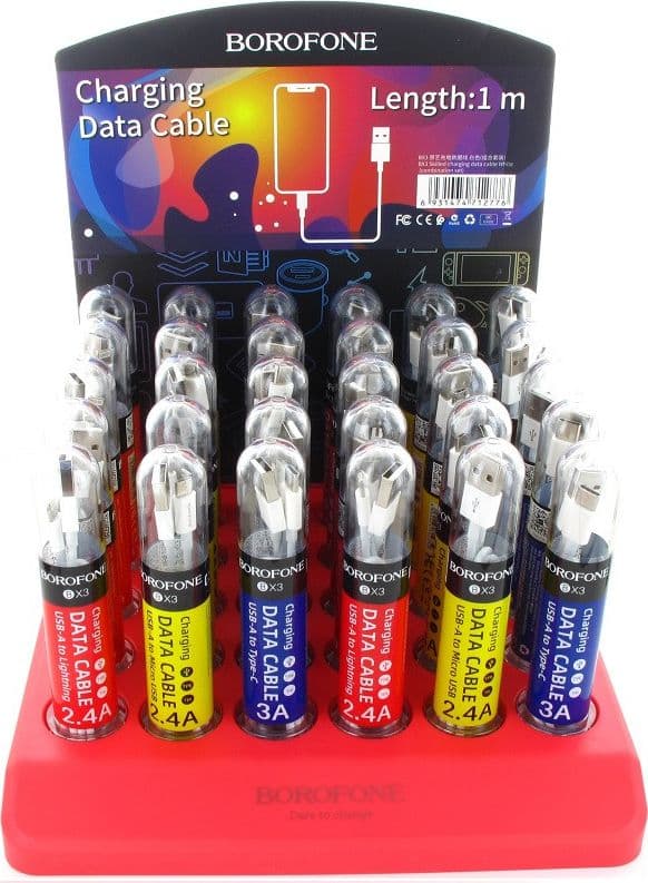 Borofone - a set of cables packed in tubes, on a countertop stand