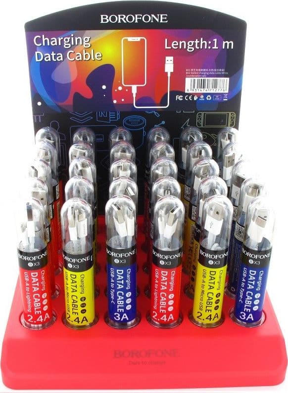 Borofone - a set of cables packed in tubes, on a countertop stand - 4