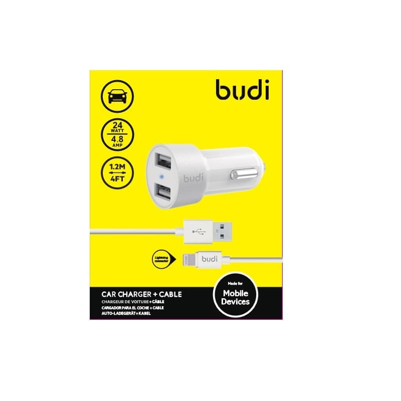 Budi - 2 USB car charger with LED indicator+lightning cable - 2