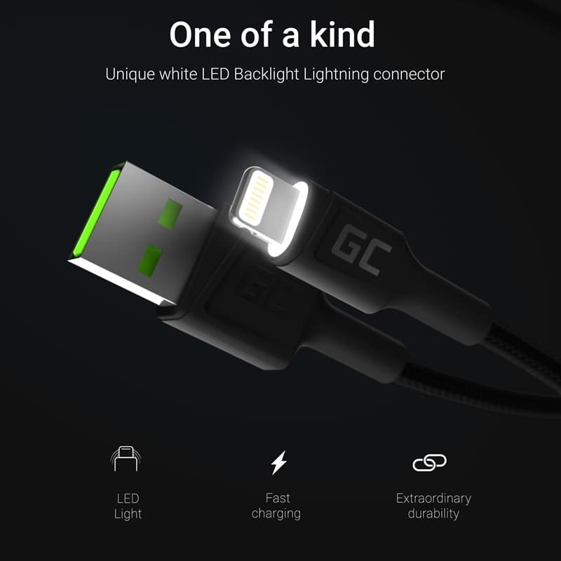 Cable Green Cell Ray USB-A - Lightning White LED 200cm with support for Apple 2.4A fast charging - 3