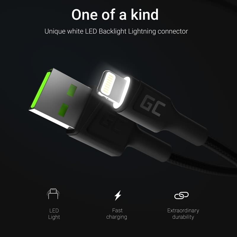 Cable Green Cell Ray USB-A - Lightning White LED 200cm with support for Apple 2.4A fast charging - 8