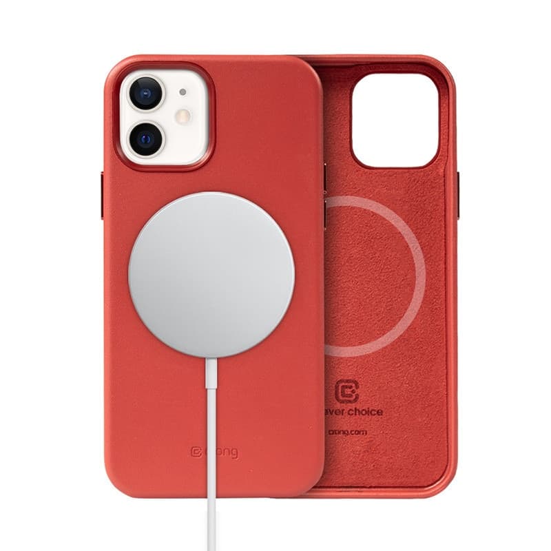 Crong Essential Cover Magnetic - Custodia in pelle MagSafe per iPhone 12 / iPhone 12 Pro (Rosso)