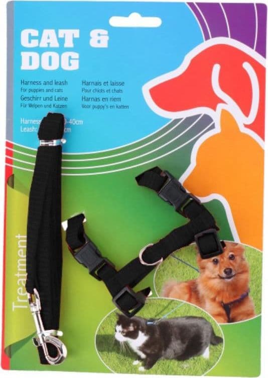 Nylon harness 30-40 cm for dog or cat + leash 120 cm (black) - 2