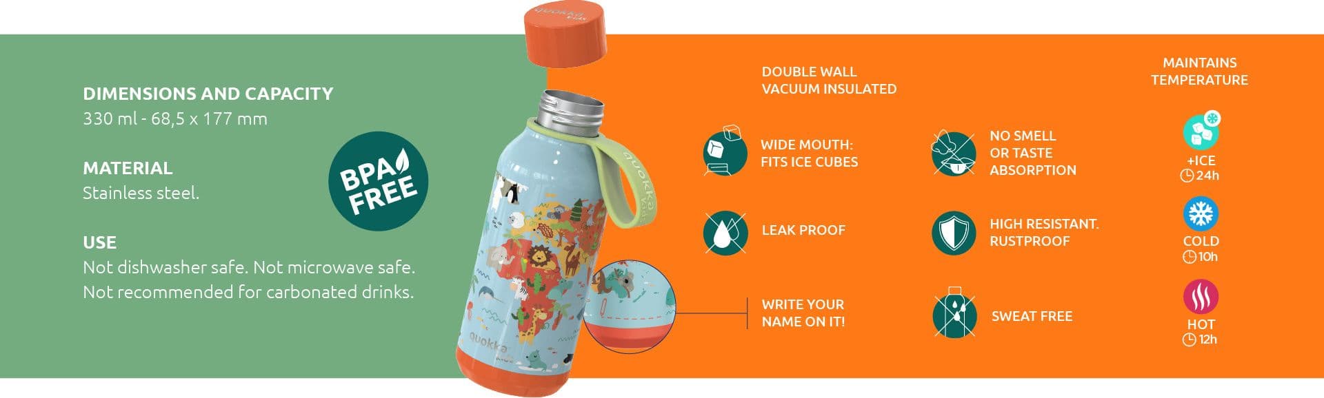 Quokka Solid Kids con cinturino - Borraccia termica in acciaio inox da 330 ml con cinturino (Jungle) - 3