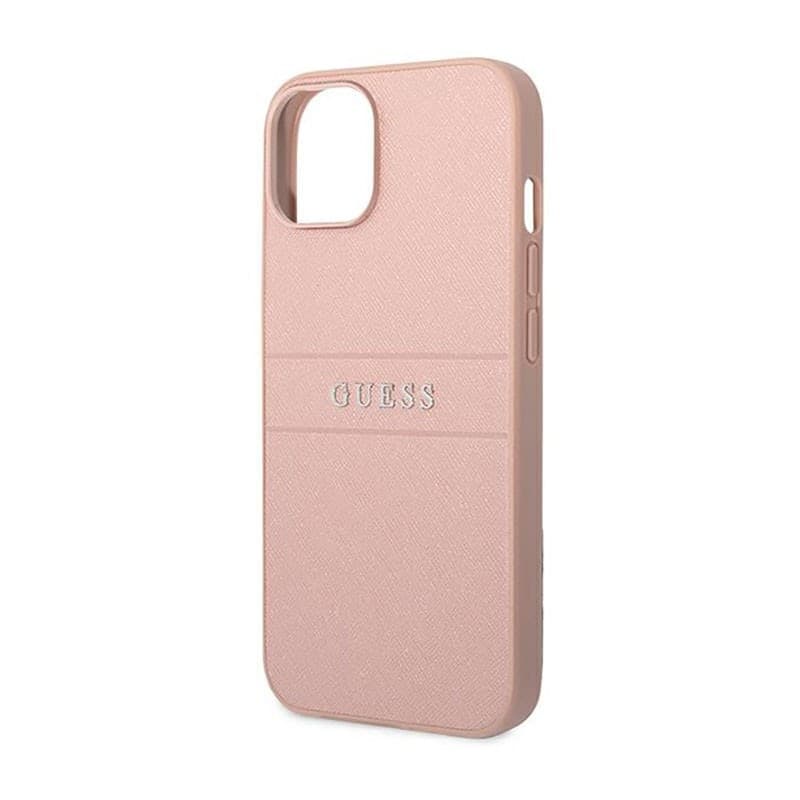 Guess Saffiano Metal Logo Stripes - Case for iPhone 14 Plus (Pink) - 14