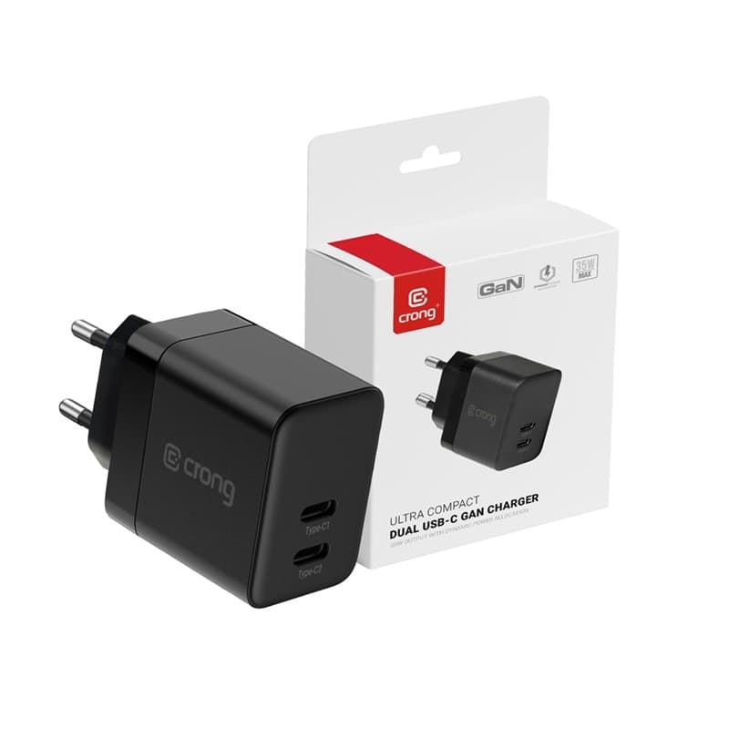 Crong Ultra Compact GaN - Caricabatterie da parete 2x USB-C 35W PD 3.0 con PPS (nero) - 18