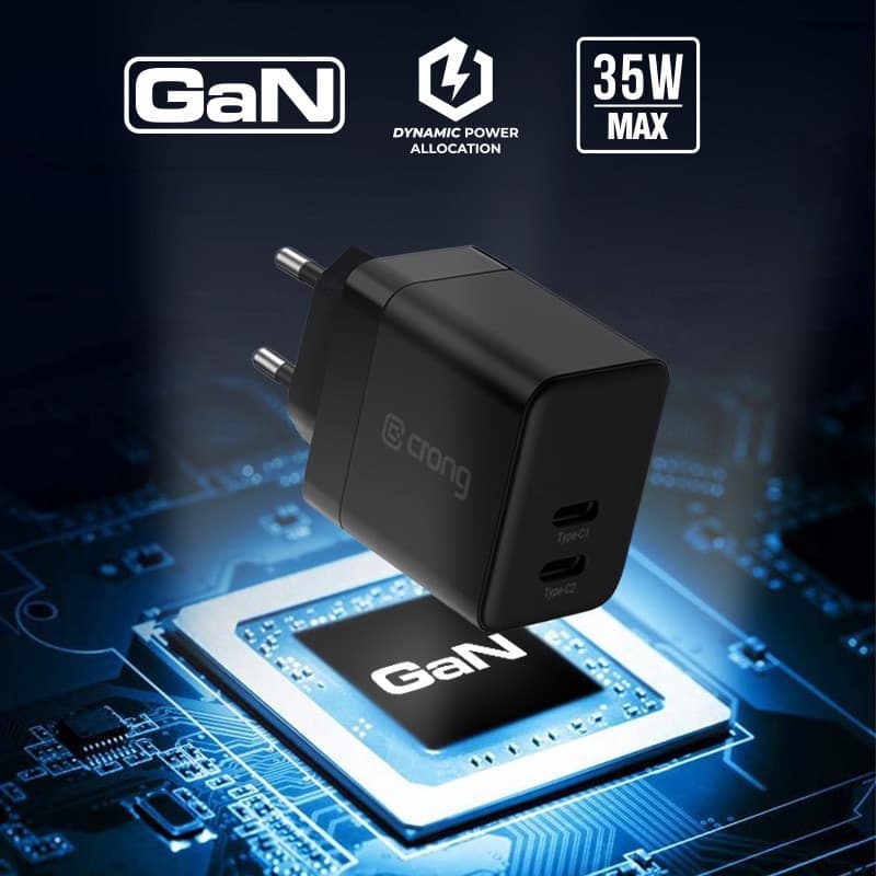 Crong Ultra Compact GaN - Caricabatterie da parete 2x USB-C 35W PD 3.0 con PPS (nero) - 5