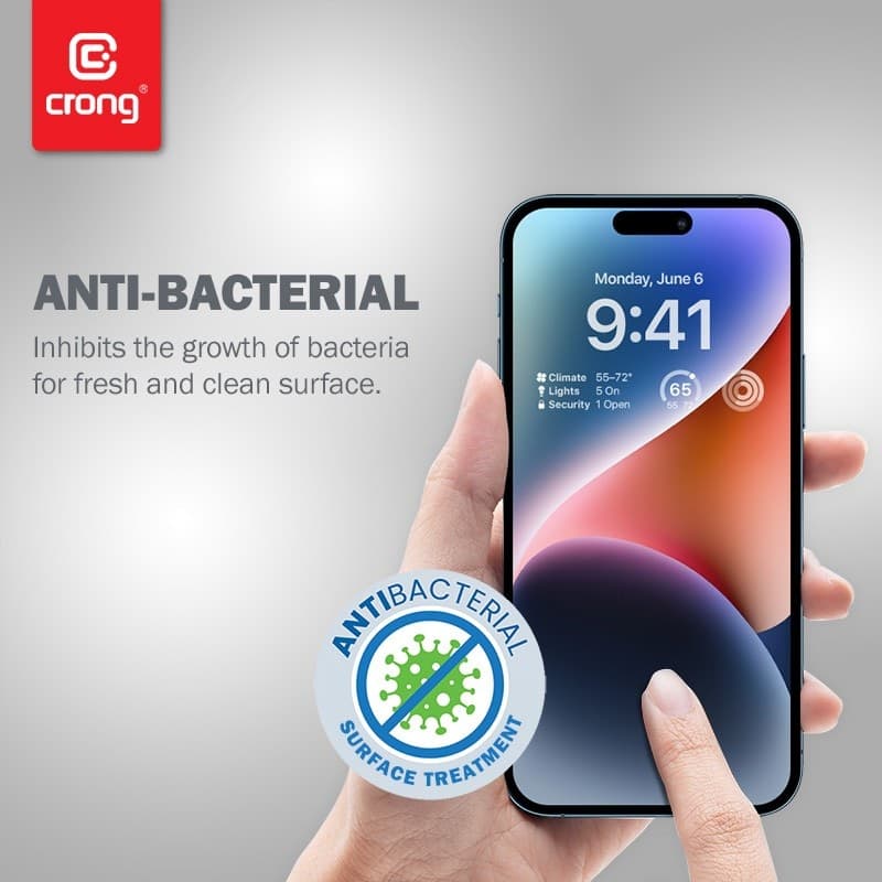 Crong Anti-Bacterial 3D Armor Glass - Vetro temperato 9H per iPhone 14 Pro a schermo intero + telaio di installazione - 13