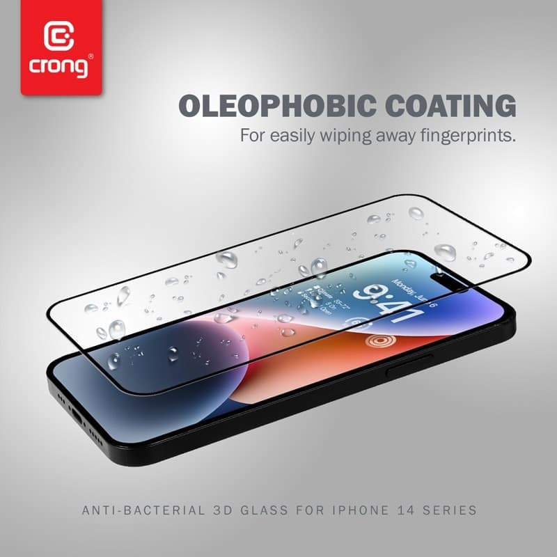 Crong Anti-Bacterial 3D Armor Glass - Vetro temperato 9H per iPhone 14 Pro a schermo intero + telaio di installazione - 15