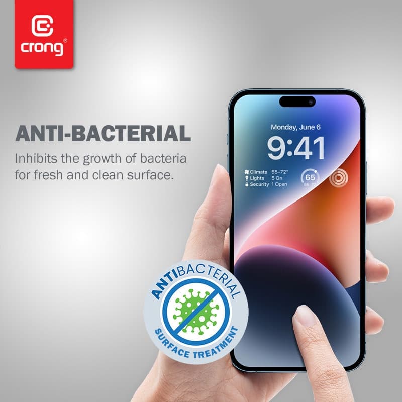 Crong Anti-Bacterial 3D Armor Glass - Vetro temperato 9H per iPhone 14 Pro a schermo intero + telaio di installazione - 5