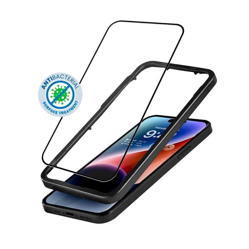 Crong Anti-Bacterial 3D Armor Glass - Vetro temperato 9H per iPhone 14 Pro a schermo intero + telaio di installazione - 9