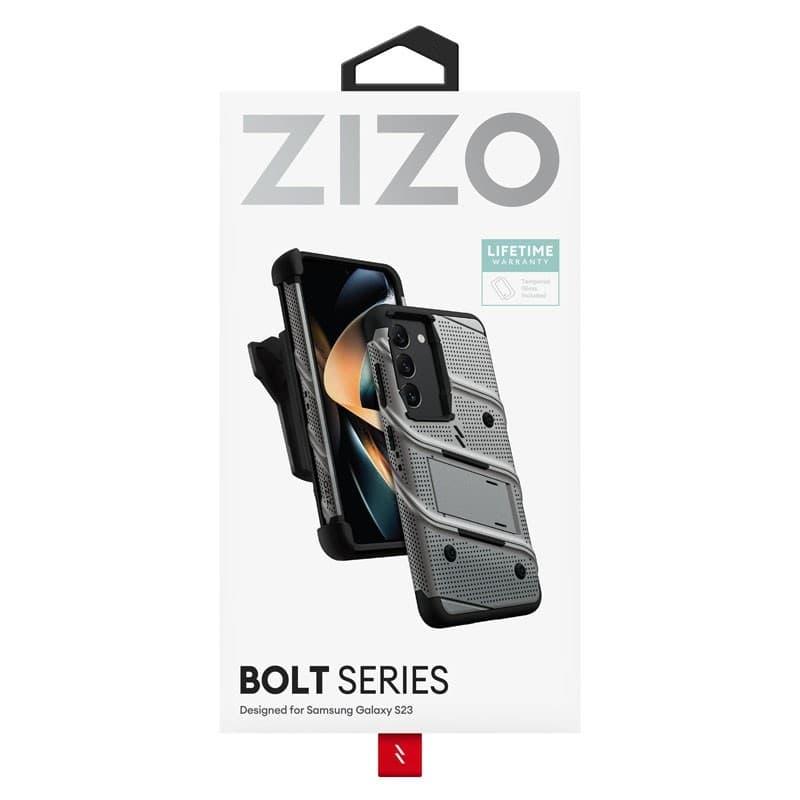 ZIZO BOLT Series - Armoured case for Samsung Galaxy S23 with 9H glass for screen + holder with stand (Grey) - 14