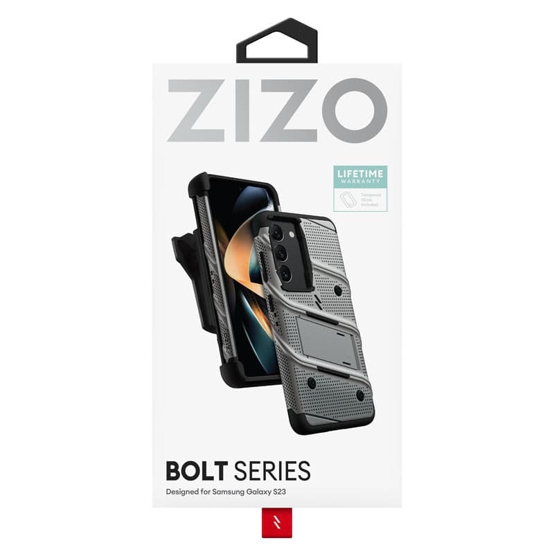 ZIZO BOLT Series - Armoured case for Samsung Galaxy S23 with 9H glass for screen + holder with stand (Grey) - 7