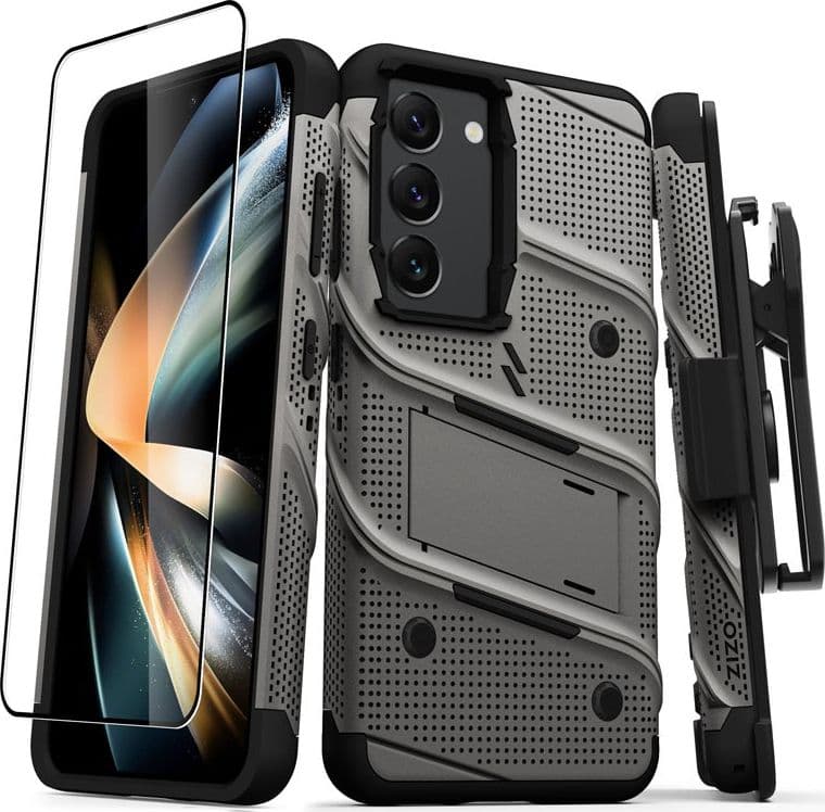 ZIZO BOLT Series - Armoured case for Samsung Galaxy S23 with 9H glass for screen + holder with stand (Grey) - 8