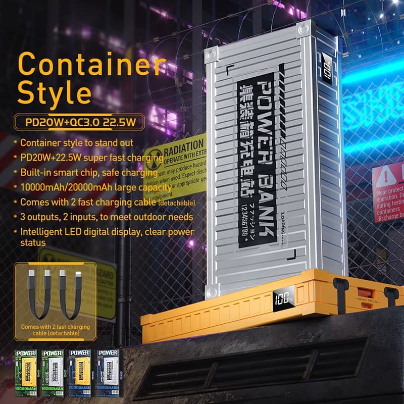 WEKOME WP-339 Container Series - Power bank 10000 mAh Super Charging with built-in USB-C & Lightning PD 20W cable + QC 22.5W (Si - 2