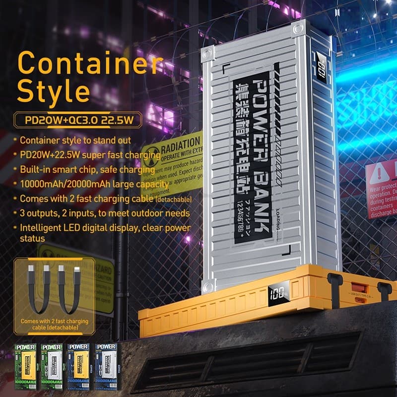 WEKOME WP-339 Container Series - Power bank 10000 mAh Super Charging with built-in USB-C & Lightning PD 20W cable + QC 22.5W (Si - 5