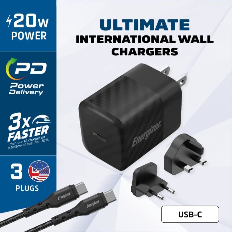 Energizer Ultimate - Multiplug EU / UK / US GaN 20W PD mains charger + USB-C cable (Black) - 3